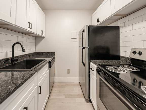A black and white kitchen with a black fridge, black stove, and black countertops.