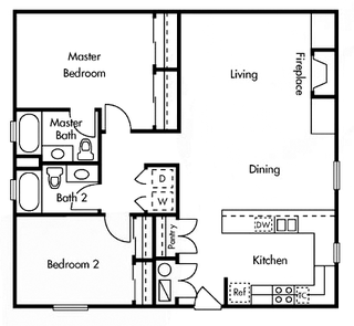 Single Story Flat- Two Bedroom Two Bathroom Floor Plan