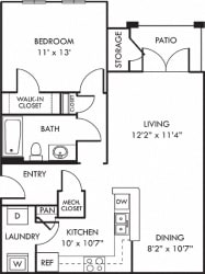 The Crabtree. 1 bedroom apartment. Kitchen with bartop open to living/dinning rooms. 1 full bathroom. Walk-in closet. Patio/balcony.