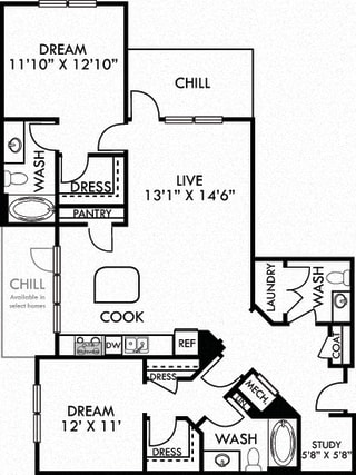 The Vaughan. 2 bedroom apartment. Kitchen with island open to living/dinning rooms. 2 full bathrooms. Walk-in closets. Study Area. Patio/balcony.