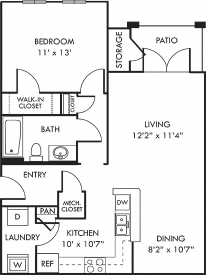 The Crabtree. 1 bedroom apartment. Kitchen with bartop open to living/dinning rooms. 1 full bathroom. Walk-in closet. Patio/balcony.