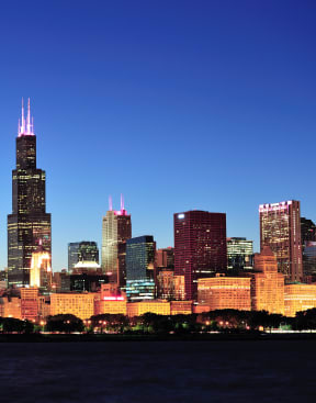 a view of the chicago skyline at dusk