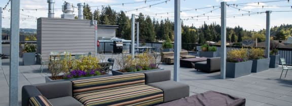 a roof top patio with couches and tables and lights
