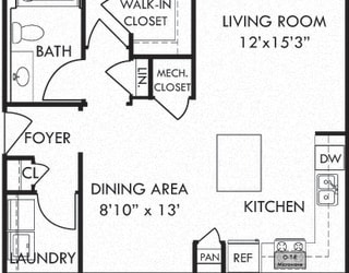 The Hawksbill. 1 bedroom apartment. Kitchen with island open to living/dinning rooms. 1 full bathroom. Walk-in closet. Patio/balcony.