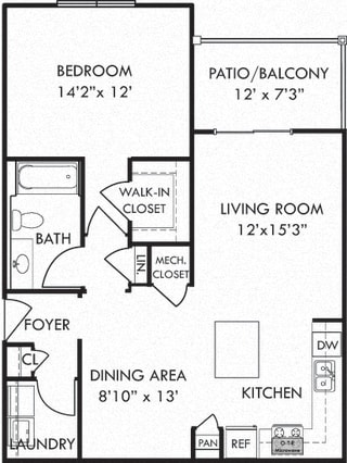 The Hawksbill. 1 bedroom apartment. Kitchen with island open to living/dinning rooms. 1 full bathroom. Walk-in closet. Patio/balcony.