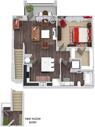 The Scholz 3D. 1 bedroom apartment. 1st floor entry. Kitchen with island open to living room. 1 full bathroom. Walk-in closet. Patio/balcony.