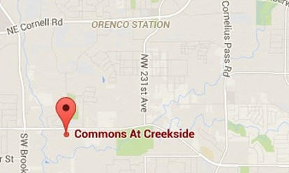 A map with a red pin labeled  at Commons at Creekside Apartments, Hillsboro, 97123