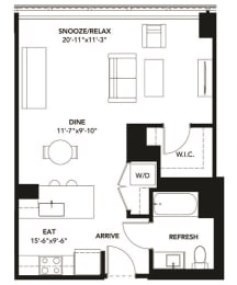 Studio 1 Bath Floor Plan with 616 Sq. Ft. at The Elle Apartments, Illinois, 60605