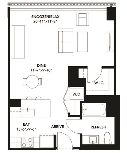 Studio 1 Bath Floor Plan with 616 Sq. Ft. at The Elle Apartments, Illinois, 60605