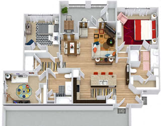 Nolan with Attached Garage 3D. 3 bedroom apartment. Kitchen with island open to living/dinning rooms. 2 full bathrooms, double vanity in master. Walk-in closets. Patio/balcony.