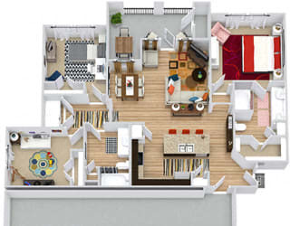 Rio Grande with Attached Garage 3D. 3 bedroom apartment. Kitchen with island open to living/dinning rooms. 2 full bathrooms, double vanity in master. Walk-in closets. Patio/balcony.