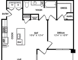 The Tyler with fenced in yard. 1 bedroom apartment. Kitchen with island open to living/dinning rooms. 1 full bathroom. Walk-in closet. Patio/balcony.