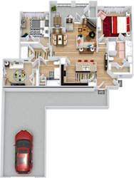 Nolan with Attached Garage 3D. 3 bedroom apartment. Kitchen with island open to living/dinning rooms. 2 full bathrooms, double vanity in master. Walk-in closets. Patio/balcony.