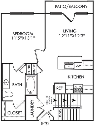 1 Bedroom, 1 Bath Elm apartment with attached garage below. galley style kitchen, Pantry and linen closets, patio or balcony