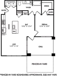 The Tyler with fenced in yard. 1 bedroom apartment. Kitchen with island open to living/dinning rooms. 1 full bathroom. Walk-in closet. Patio/balcony.