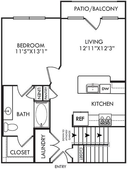 1 Bedroom, 1 Bath Elm apartment with attached garage below. galley style kitchen, Pantry and linen closets, patio or balcony