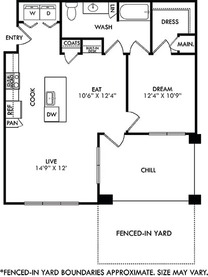 The Tyler with fenced in yard. 1 bedroom apartment. Kitchen with island open to living/dinning rooms. 1 full bathroom. Walk-in closet. Patio/balcony.