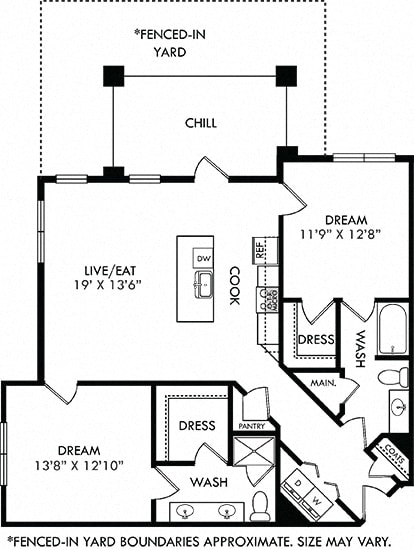 Valentina with Fenced-in Yard. 2 bedroom apartment. Kitchen with island open to living room. 2 full bathrooms, double vanity in master. Walk-in closets. Patio/balcony open to yard.