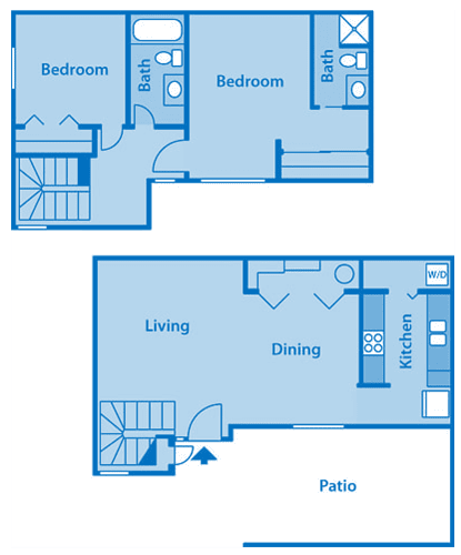 camino seco village 2b floor plan depicting layout with kitchen, living room and patio in the bottom, bedrooms on top.