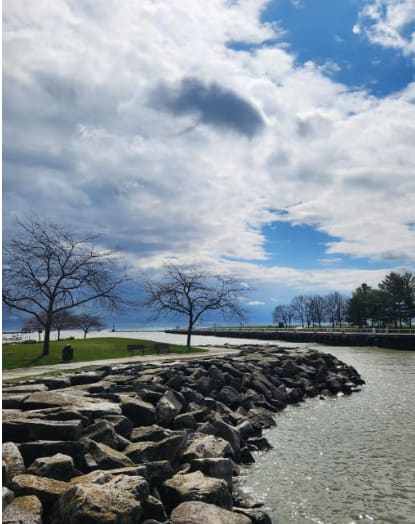 A sidewalk runs along a body of water with a tree with orange leaves on the right.