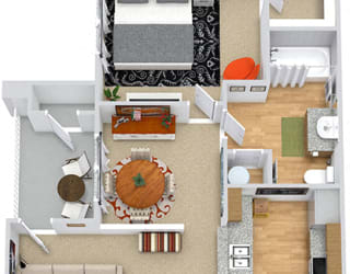 Ashby 3D. 1 bedroom apartment. Kitchen with bartop open to living/dinning rooms. 1 full bathroom. Walk-in closet. Patio/balcony.