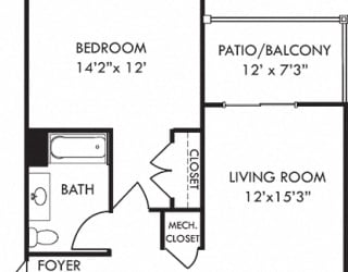 Wren. 1 bedroom apartment. Kitchen with island open to living/dinning rooms. 1 full bathroom. Walk-in closet. Patio/balcony.