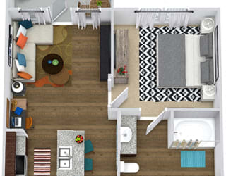 The Bryant 3D. 1 bedroom apartment. Kitchen with island open to living room. 1 full bathroom. Walk-in closet. Patio/balcony.
