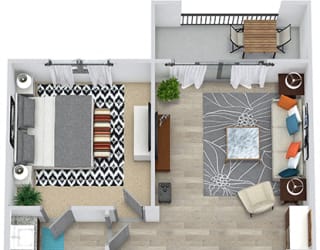3D Hays 1 Bedroom floorplan apartment with entry closet. L-shaped kitchen with island, open to living area, 1 bath with double vanity sink and walk-in closet. in-unit laundry. balcony.