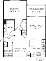 Wren. 1 bedroom apartment. Kitchen with island open to living/dinning rooms. 1 full bathroom. Walk-in closet. Patio/balcony.