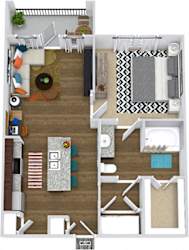 The Bryant 3D. 1 bedroom apartment. Kitchen with island open to living room. 1 full bathroom. Walk-in closet. Patio/balcony.