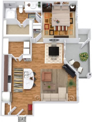 The Longhorn 3D. 1 bedroom apartment. Kitchen with island open to living/dinning rooms. 1 full bathroom. Walk-in closet. Patio/balcony.