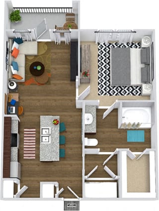 The Bryant 3D. 1 bedroom apartment. Kitchen with island open to living room. 1 full bathroom. Walk-in closet. Patio/balcony.