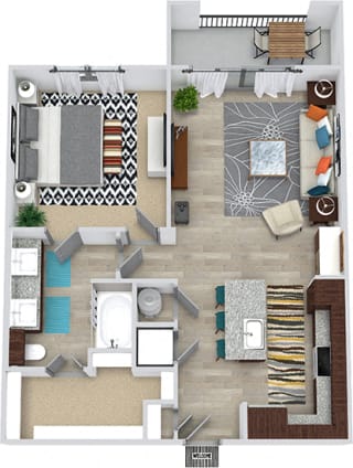 Hays 3D 3D Hays 1 Bedroom floorplan apartment with entry closet. L-shaped kitchen with island, open to living area, 1 bath with double vanity sink and walk-in closet. in-unit laundry. balcony.