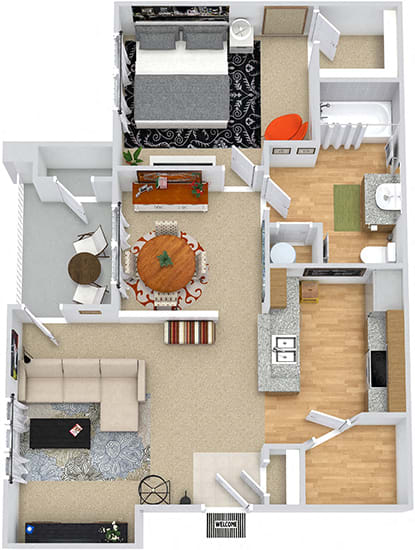 Ashby 3D. 1 bedroom apartment. Kitchen with bartop open to living/dinning rooms. 1 full bathroom. Walk-in closet. Patio/balcony.