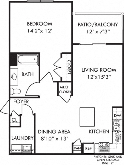 Wren. 1 bedroom apartment. Kitchen with island open to living/dinning rooms. 1 full bathroom. Walk-in closet. Patio/balcony.
