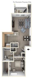 One Bedroom One Bath Floorplan at Hunters Pond Apartment Homes, Champaign, IL, 61820