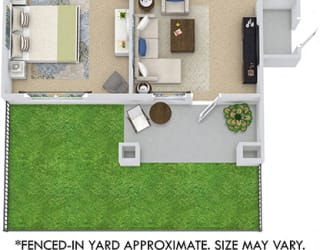 San Sebastian with Fenced-in Yard 3D. 1 bedroom apartment. Kitchen with bartop open to living room. 1 full bathroom. Walk-in closet. Patio/balcony open to yard. External storage.