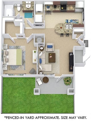 San Sebastian with Fenced-in Yard 3D San Sebastian with Fenced-in Yard 3D. 1 bedroom apartment. Kitchen with bartop open to living room. 1 full bathroom. Walk-in closet. Patio/balcony open to yard. External storage.