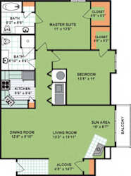 Floor Plan Two Bedroom Two Bath (1,250 Square Feet)