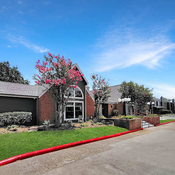 A red flowering tree is in front of a building.