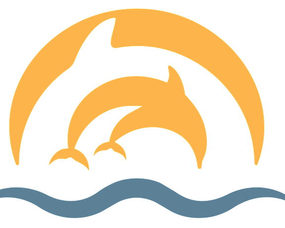 Two dolphins jumping out of the water under a sun.