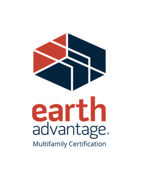 A logo with a cube and the words "earth advantage. Multifamily Certification".
