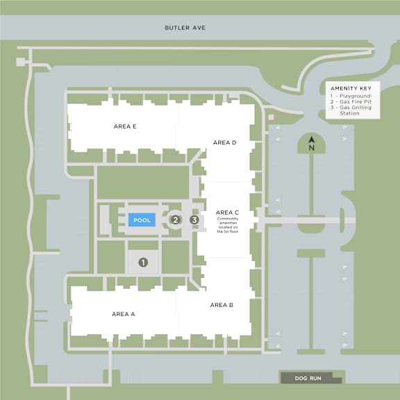 A map of a community area with a pool and amenity key.
