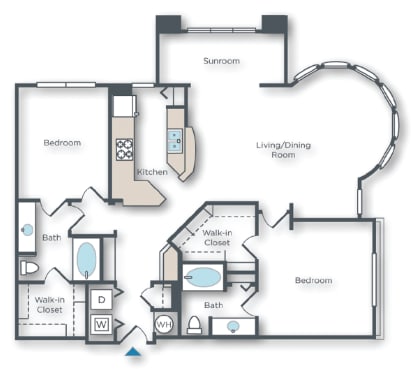 Floor Plan  Sage B 2 bed 2 bath with curved dining room  plus sunroom