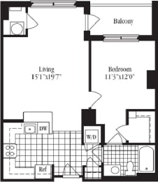 1 Bed 1 Bath floorplan The Belvedere, at Wentworth House,North Bethesda, 20852