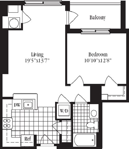 1 Bed 1 Bath floorplan for The Barrington, at Wentworth House, Maryland, 20852