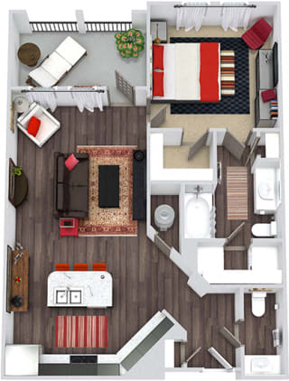 The Ellington 3D. 1 bedroom apartment. Kitchen with island open to living room. 1 full bathroom. Walk-in closet. Patio/balcony.
