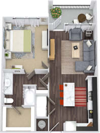 The Skyline 3D. 1 bedroom apartment. Kitchen with island open to living room. 1 full bathroom. Walk-in closet. Patio/balcony.