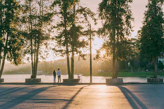 Two people standing in a park by a lake during sunset.