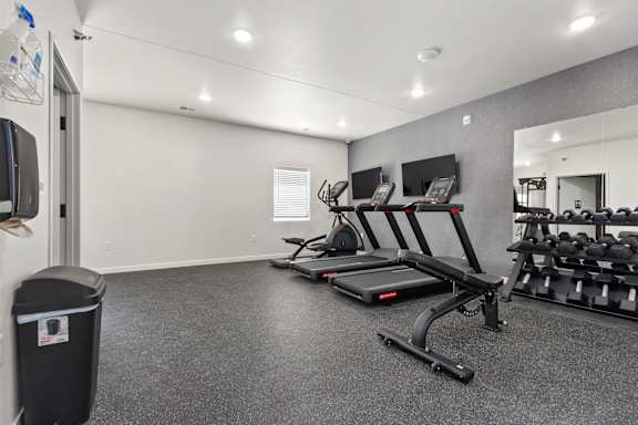 A gym with treadmills, exercise bikes, and weights.